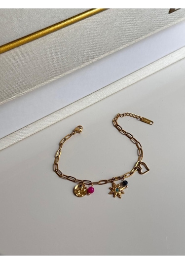 Renkli Taşlı Yıldız Figürlü Altın Kaplama Kadın Çelik Bileklik Altın