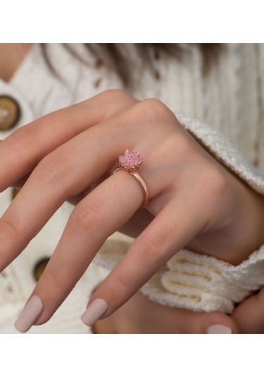 Rose Altın Kaplama Pembe Lotus Çiçeği Kadın Kolye Yüzük  Set Pembe