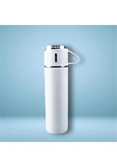 Kişiselleştirilebilir 3 Bardaklı Çelik Termos 05 Lt Beyaz Beyaz