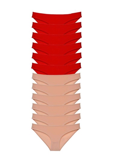 Biçomi 12 Adet Eko Set Likralı Kadın Slip Külot Kırmızı Ten Çok Renkli