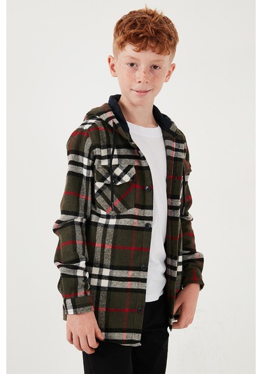Lela Kapüşonlu Çift Cepli Ekoseli Oduncu Erkek Çocuk Gömlek Cf25W81786 Haki