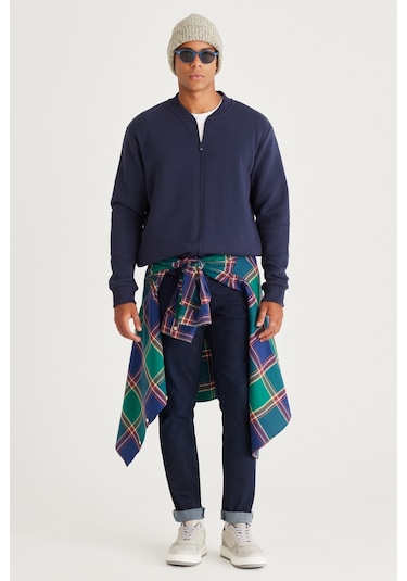 AC&Co / Altınyıldız Classics Erkek Lacı Standart Fit Normal Kesim İçi Polarlı Kolej Yaka Pamuklu Sweatshirt Lacivert