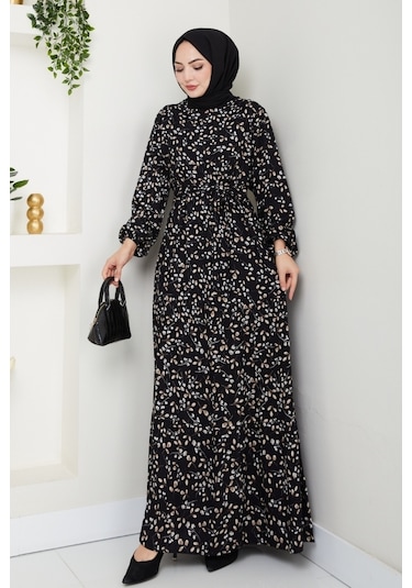 Semar Dokuma Viskon Elbise 1541 - Siyah Siyah