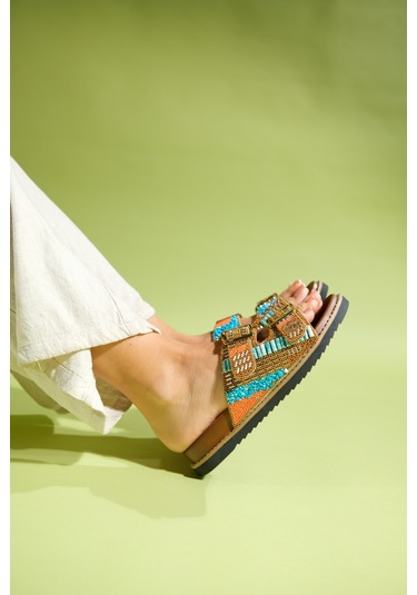 Luvishoes Lanso Taba Taşlı Çift Bantlı Kadın Terlik Taba