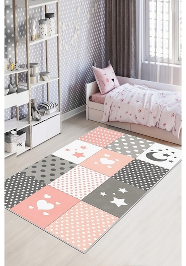 West Home Makinede Yıkanabilir Kaymaz Taban Leke Tutmaz Yıldız Desenli Bebek Ve Çocuk Halısı Oyun Matı Wh 513 Rose Pembe