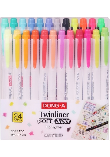 Dong-A Twinliner Soft-Bright Çift Taraflı Fosforlu Kalem 24'lü
