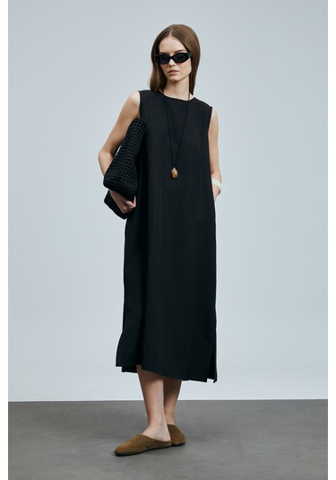 Lufian Grace Kadın Lyocell Karışımlı Keten Elbise Siyah Siyah 121290018100100 Siyah