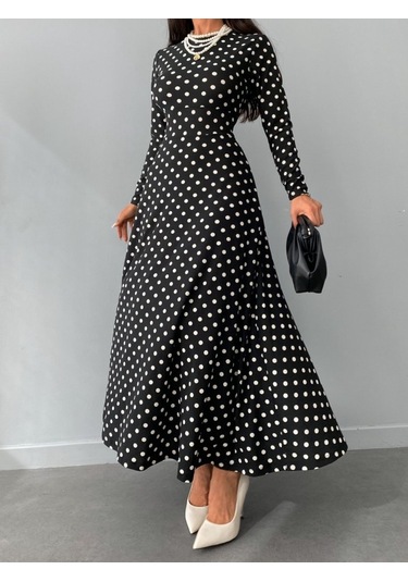 Kadın Krep Kumaş Uzun Kollu Tam Boy Puantiyeli Elbise 132 Cm Siyah