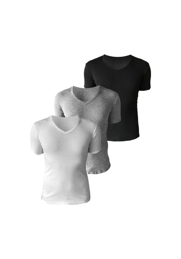 Josejuan 3'lü Erkek Atlet Yarım Kollu V Yaka %100 Pamuk Ribana 3206-siyah - Beyaz - Gri Melanj