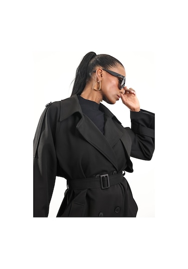 Siyah Kuşaklı Kruvaze Palto Siyah