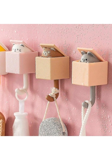 Kedi Kancalı Kapı Askısı - 6 Adet Sevimli Dikişsiz Anahtar Şemsiye Havlu Başlık Kancası Gri Kedi Diğer