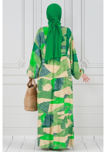 Yarasa Kol Cam Kırığı Viskon Elbise-yeşil-3806 - Yeşil