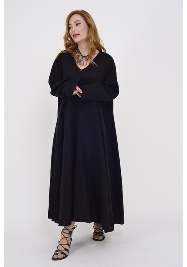 İtalyan V Yaka Uzun Kol Keten Elbise-8907 Siyah
