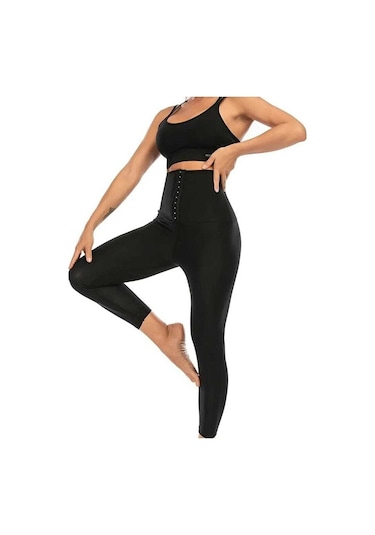 Kadın Ekstra Yüksek Bel Agraflı Sauna Termal Inceltici Zayıflama 3 Kademeli Agraflı Tayt Siyah