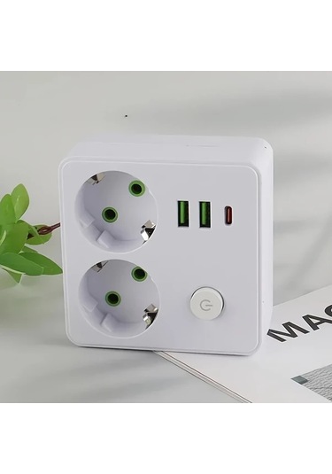 Beyaz 2500w Güç Şeridi Eu Fiş Prizi 2 Soketli Multitap Duvar Tipi Güç Şeridi Uzatma Kablosuz, 2 Usb & 1 Type-c Portlu