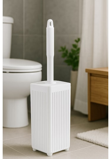 Lines Serisi Beyaz Banyo Seti, 5 Parça Akrilik Kare 5 Litre Çöp Kovası, Sabunluk, Fırçalık Takımı 3462 Beyaz