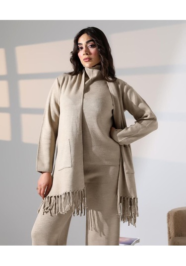 Bohem Şıklık Püskül Detaylı Üçlü Triko Takım Vizon