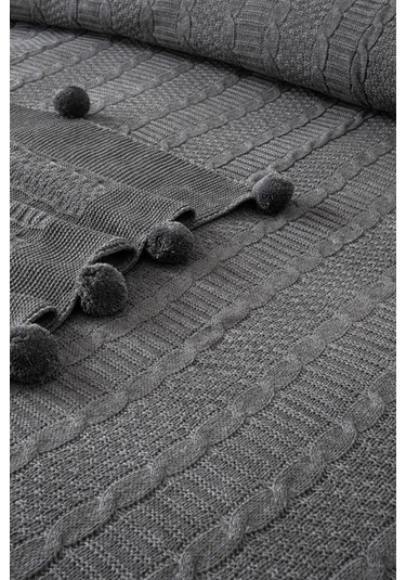 Triko Örme Nakışlı Çift Kişilik Battaniye Takımı Tivoli Rosetta Gri