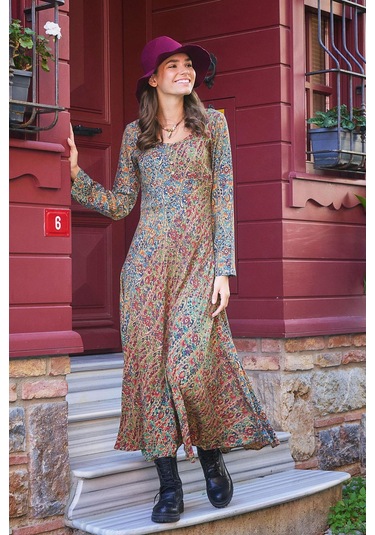 Yeşil Pera Desenli Uzun Kollu Kışlık Patch Elbise 001