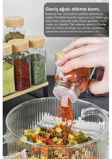 12 Li Bambu Kapaklı Kare Formlu Cam Baharatlık Seti 120ml 16 Adet Etiket Hediye Bambu