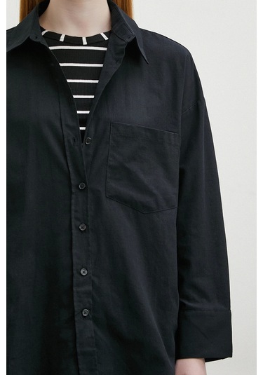 Keten Karışımlı Oversize Gömlek Siyah Siyah