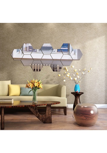 Dianziye 12 Adet Silver Akrilik Hexagon Yansıma Duvar Sticker, Dıy Ev Dekorasyonu, Çocuk Odası/yatak Odası/banyo Uygun, Kolay Kurulum, 20x17x10cm Çok Renkli