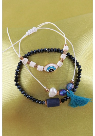 3lü Püsküllü İncili Nazar Boncuklu Asansörlü Bileklik. Lastikli Boncuklu Bileklik. Kadın İp Bileklik Çok Renkli