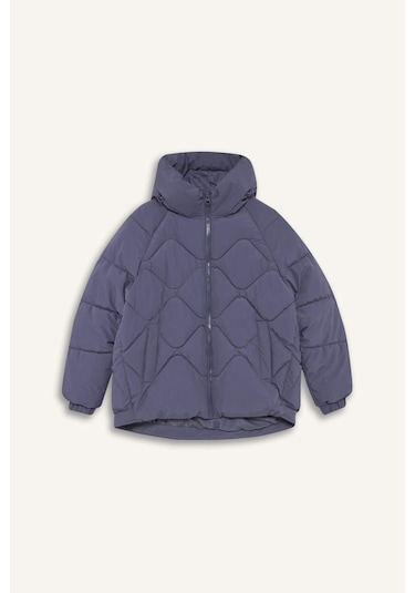 Defacto Defactofit Su İtici Oversize Fit Geniş Kalıp Kapüşonlu Fermuarlı Cepli Şişme Mont E9260ax25aupr492 Mor-pr492