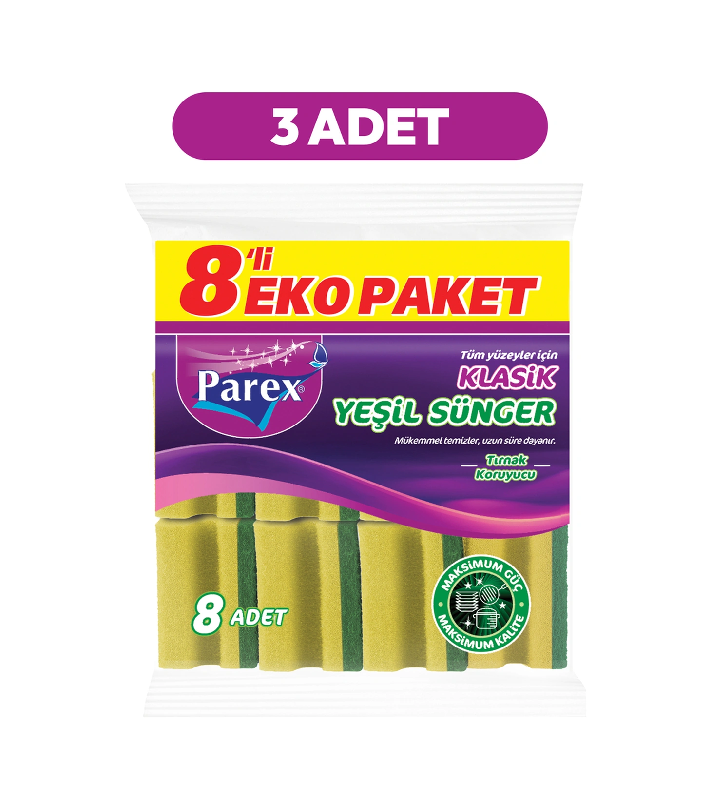 Klasik Oluklu 8'li Yeşil Sünger Üçlü Paket