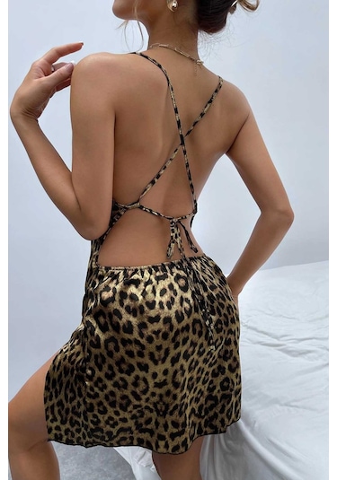 Merry See Yırtmaçlı Saten Leopar Gecelik Elbise Çok Renkli