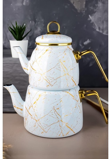 Nishev.com Evini Sev Elite Class Kırık Mermer Desenli Çaydanlık Beyaz