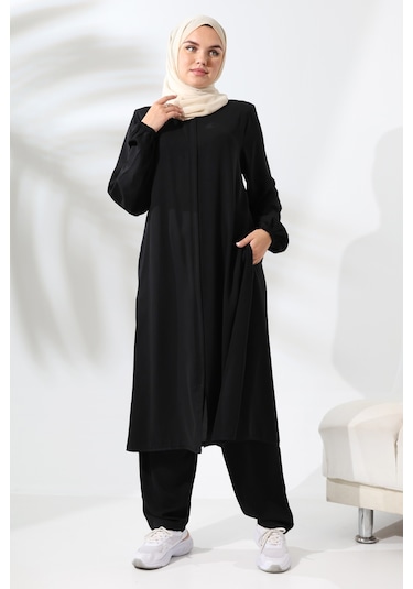 Kadın Medine İpeği Hac Umre Kıyafeti Tesettür İkili Takım - Siyah Siyah