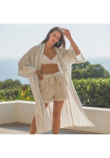 Enhitbaby Udenya Çizgili Oversize Müslin Kimono + Hediye Toka Ekru