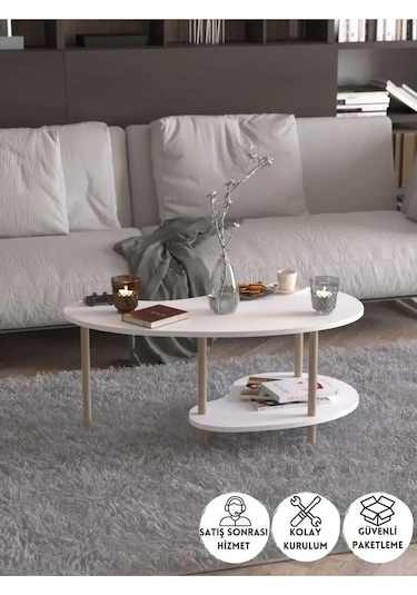 Fasülye Orta Sehpa Ahşap Ayaklı Sehpa Iki Raflı Sehpa Dekoratif Sehpa Gazetelikli - Beyaz