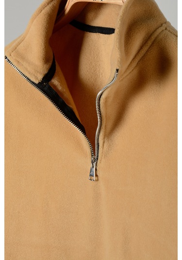 Bej Yarım Fermuarlı Regular Kalıp Dik Yaka Polar Sweatshirt Bej
