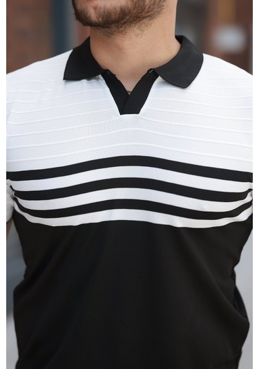 Erkek Çizgi Desenli Yakalı Kısa Kollu T-shirt Siyah