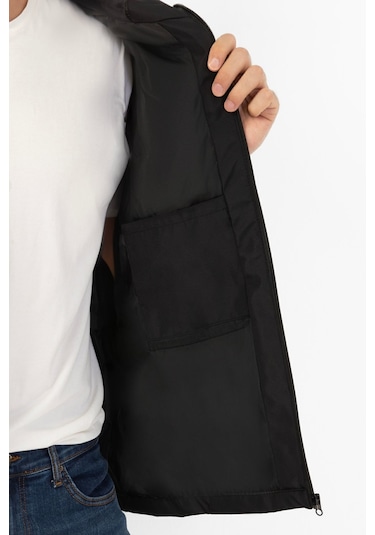 Erkek Siyah İçi Astarlı Kanguru Cepli Su Ve Rüzgar Geçirmez Kapüşonlu Cepli Yağmurluk Siyah