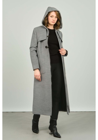 Veger Kadın Kapüşonlu Uzun Kaban 3155 Gri