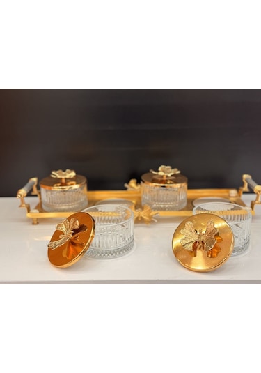 Bella Kelebek Kapaklı Kulplu 4 Bölmeli Sunumluk Çerezlik Kahvaltılık Reçellik