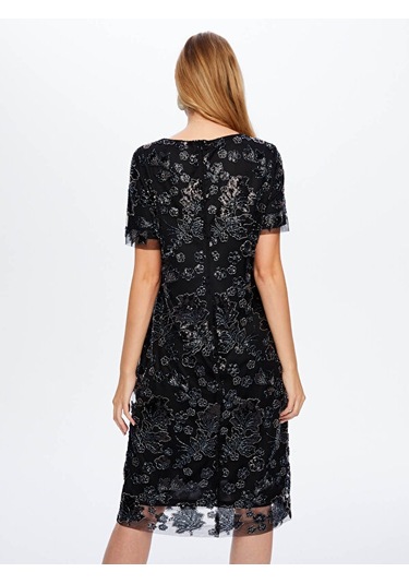 Boncuk Ve Payet İşli Çiçek Desenli Kısa Kollu Abiye Elbise W26aby008 Uw26aby00810 Siyah