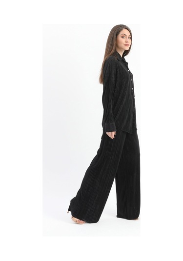 Düğme Detaylı Örme Pilise Takım - Siyah-siyah Siyah