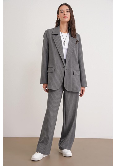 4753 Kadın Çizgili Oversize Blazer Ceket Gri Gri
