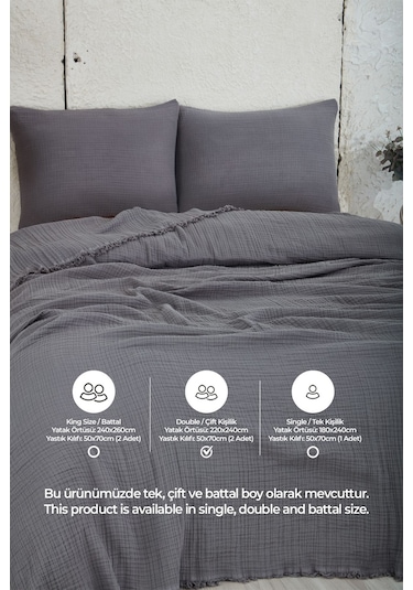 %100 Pamuk Çift Kişilik Müslin Yatak Örtüsü 4 Katlı Yumuşak Battaniye Müslin Pike Takımı 3 Parça Antrasit Koyu Gri