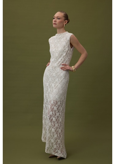 Sateen Dantel Kolsuz Elbise - Bej-137061 Bej
