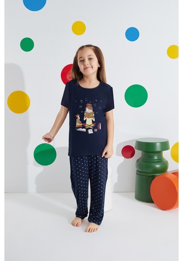 Anne Kız Kombin Desenli Viskon Kısa Kollu Pijama Takımı Anne Kız Ayrı Satılır Lacivert
