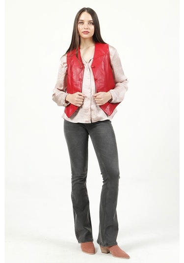 Dericlub Dc-001 Hakiki Deri Kadın Yelek Kırmızı