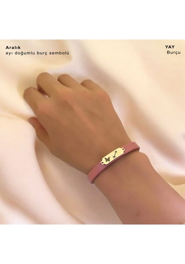 Archin Aralık Ayı Doğumlarına Koyu Pembe Derili Kelebek Motifli 14 Ayar Altın Plakalı Hediye Bileklik-654ay Aralık