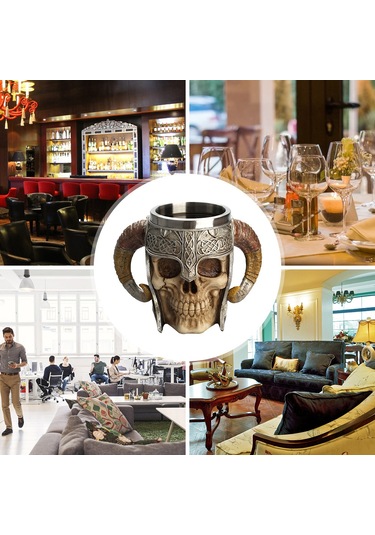 Ranyeek Kemik Kafa Desenli 550ml Büyük Bardak, 304 Paslanmaz Çelik + Reçine, İki Kollü, Ofis/ev/bar/restoran Kullanıma Uygun Çok Renkli