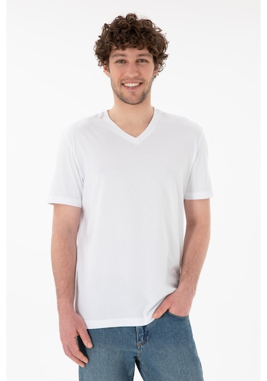 U.S. Polo Assn. Erkek Regular Fit  V Yaka Beyaz Basic Tişört 50305858-VR013