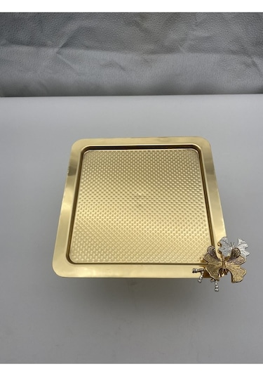 Ayaklı Gold Kare Metal Çay Ve Kahve Servis Sunum Tepsisi